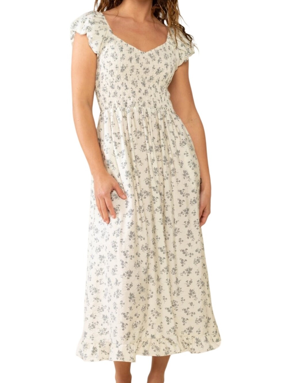 NLT No Less Than LA Solis Smocked Floral Midi Dress Medium Cottagecore Milkmaid